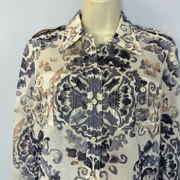 Tory Burch Brigitte Blue Floral Print  Cotton Long-Sleeve Button-Up Blouse Sz 4 - Picture 5 of 12